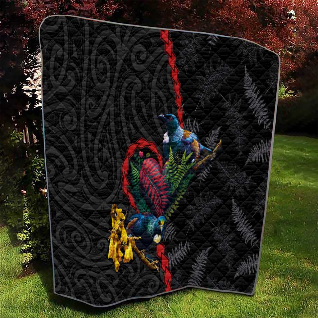 New Zealand Tui Birds Love Couple Quilt The Heart of Silver Fern Leaves and Maori Tattoo Pattern LT03 - Polynesian Pride