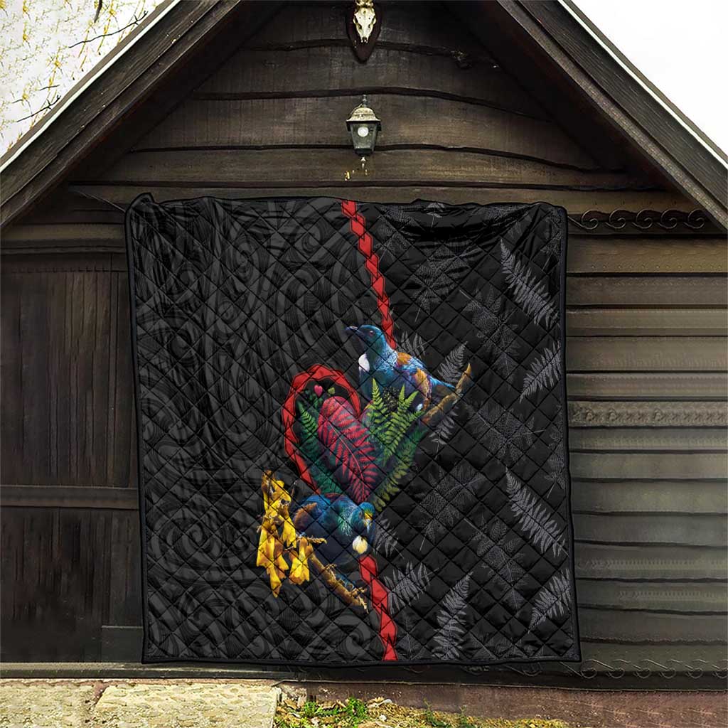 New Zealand Tui Birds Love Couple Quilt The Heart of Silver Fern Leaves and Maori Tattoo Pattern LT03 - Polynesian Pride