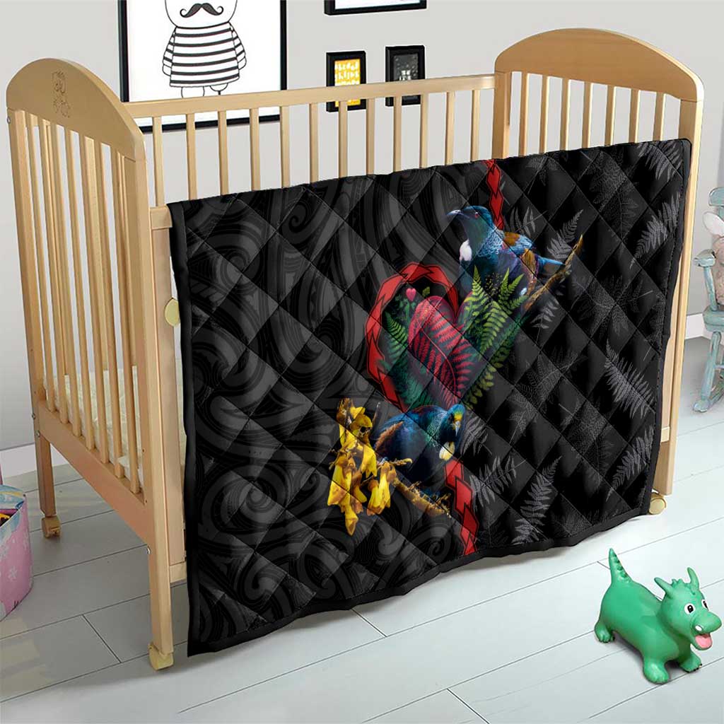 New Zealand Tui Birds Love Couple Quilt The Heart of Silver Fern Leaves and Maori Tattoo Pattern LT03 - Polynesian Pride