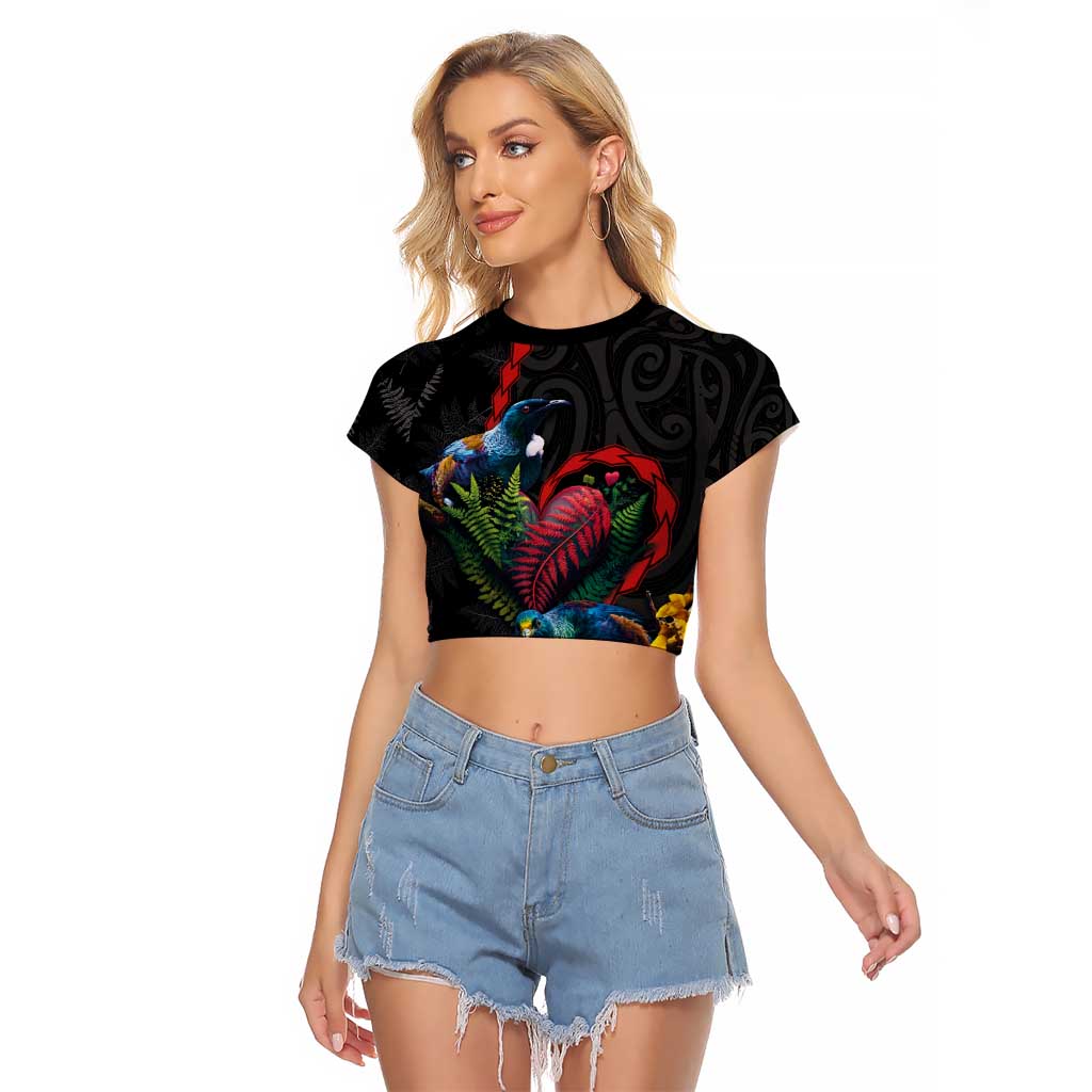 New Zealand Tui Birds Love Couple Raglan Cropped T Shirt The Heart of Silver Fern Leaves and Maori Tattoo Pattern LT03 Female Black - Polynesian Pride