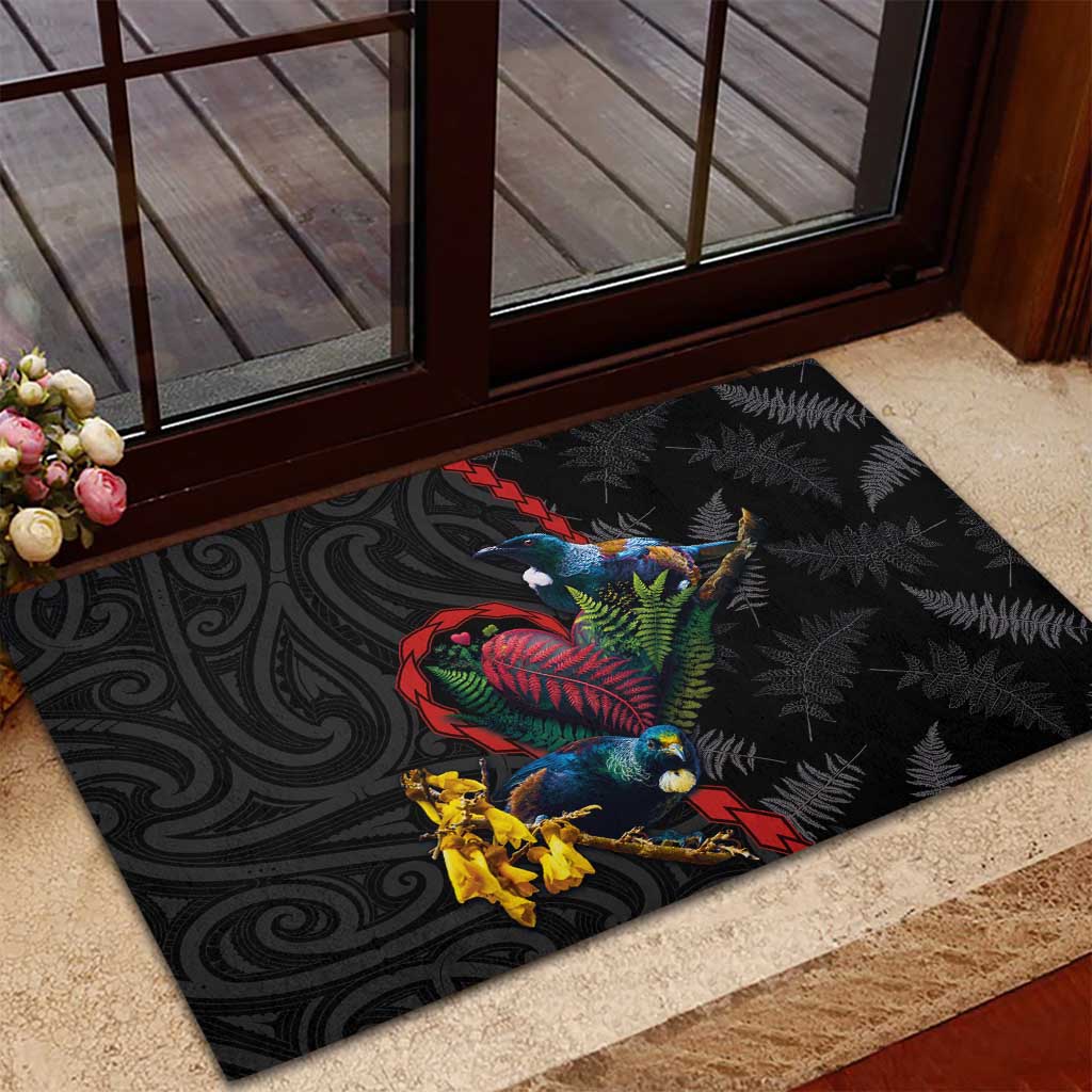 New Zealand Tui Birds Love Couple Rubber Doormat The Heart of Silver Fern Leaves and Maori Tattoo Pattern LT03 - Polynesian Pride