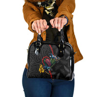 New Zealand Tui Birds Love Couple Shoulder Handbag The Heart of Silver Fern Leaves and Maori Tattoo Pattern