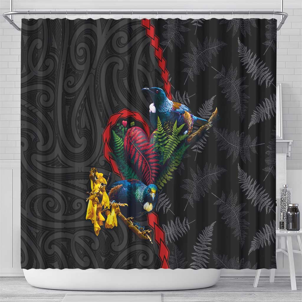 New Zealand Tui Birds Love Couple Shower Curtain The Heart of Silver Fern Leaves and Maori Tattoo Pattern