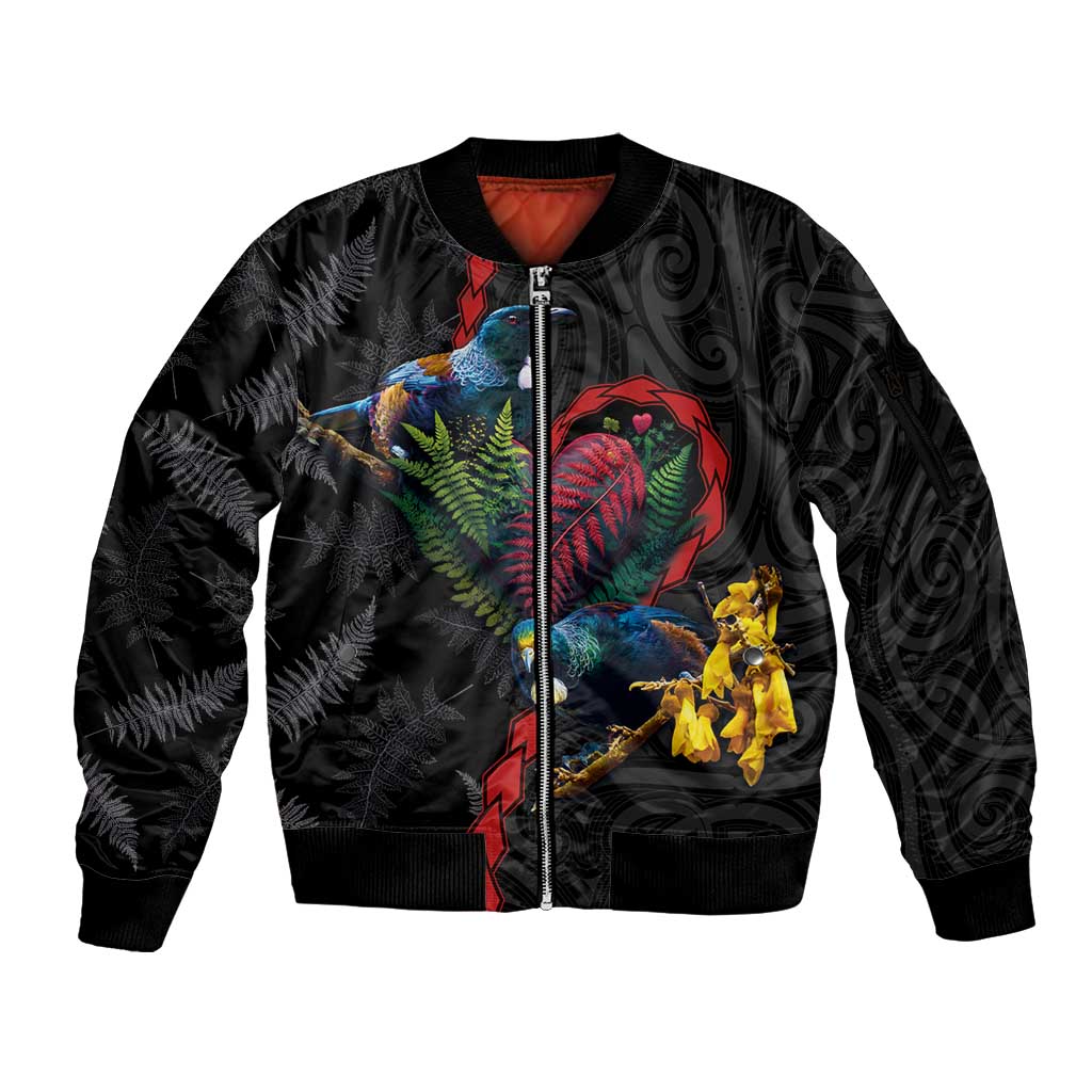 New Zealand Tui Birds Love Couple Sleeve Zip Bomber Jacket The Heart of Silver Fern Leaves and Maori Tattoo Pattern