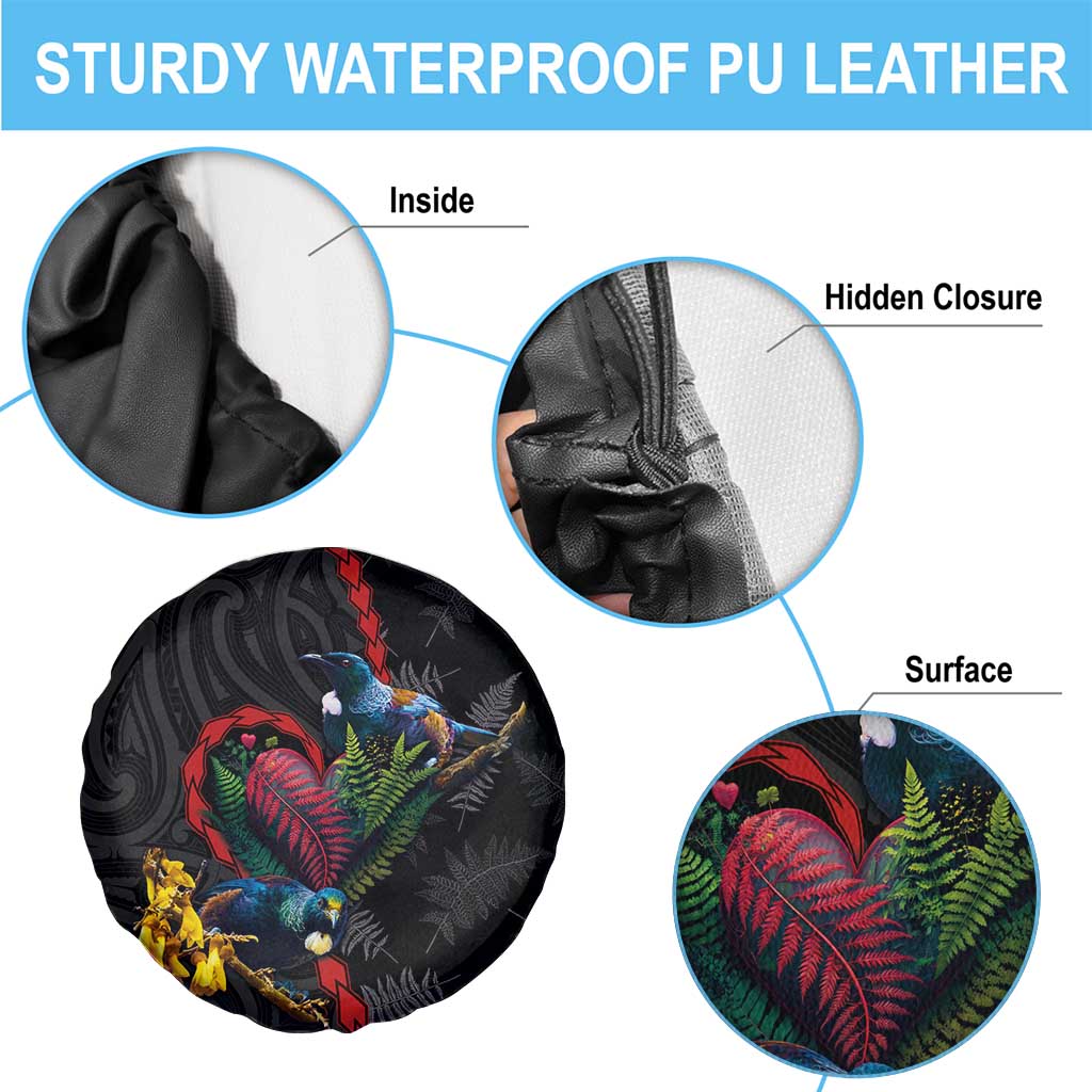 New Zealand Tui Birds Love Couple Spare Tire Cover The Heart of Silver Fern Leaves and Maori Tattoo Pattern
