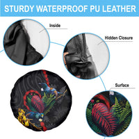 New Zealand Tui Birds Love Couple Spare Tire Cover The Heart of Silver Fern Leaves and Maori Tattoo Pattern