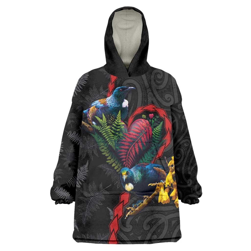 New Zealand Tui Birds Love Couple Wearable Blanket Hoodie The Heart of Silver Fern Leaves and Maori Tattoo Pattern