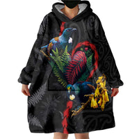 New Zealand Tui Birds Love Couple Wearable Blanket Hoodie The Heart of Silver Fern Leaves and Maori Tattoo Pattern