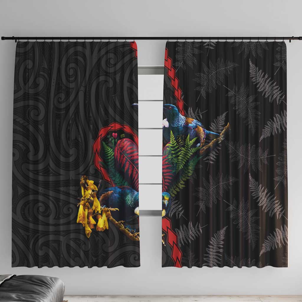 New Zealand Tui Birds Love Couple Window Curtain The Heart of Silver Fern Leaves and Maori Tattoo Pattern
