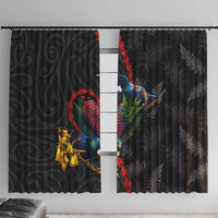 New Zealand Tui Birds Love Couple Window Curtain The Heart of Silver Fern Leaves and Maori Tattoo Pattern