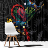 New Zealand Tui Birds Love Couple Window Curtain The Heart of Silver Fern Leaves and Maori Tattoo Pattern