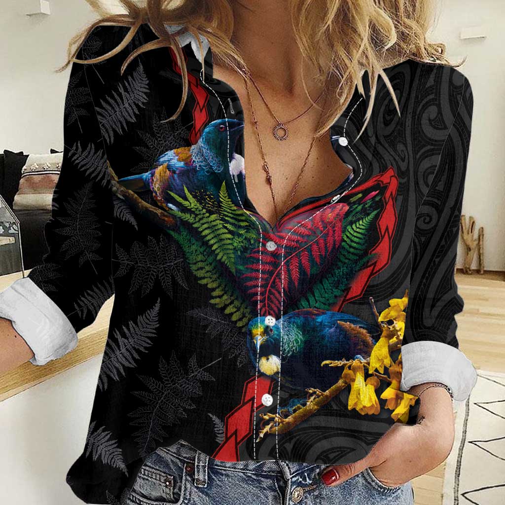 New Zealand Tui Birds Love Couple Women Casual Shirt The Heart of Silver Fern Leaves and Maori Tattoo Pattern LT03 Female Black - Polynesian Pride