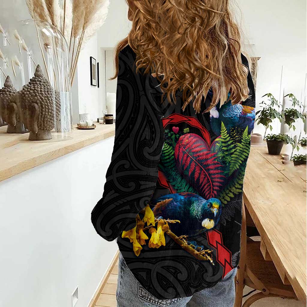 New Zealand Tui Birds Love Couple Women Casual Shirt The Heart of Silver Fern Leaves and Maori Tattoo Pattern LT03 - Polynesian Pride