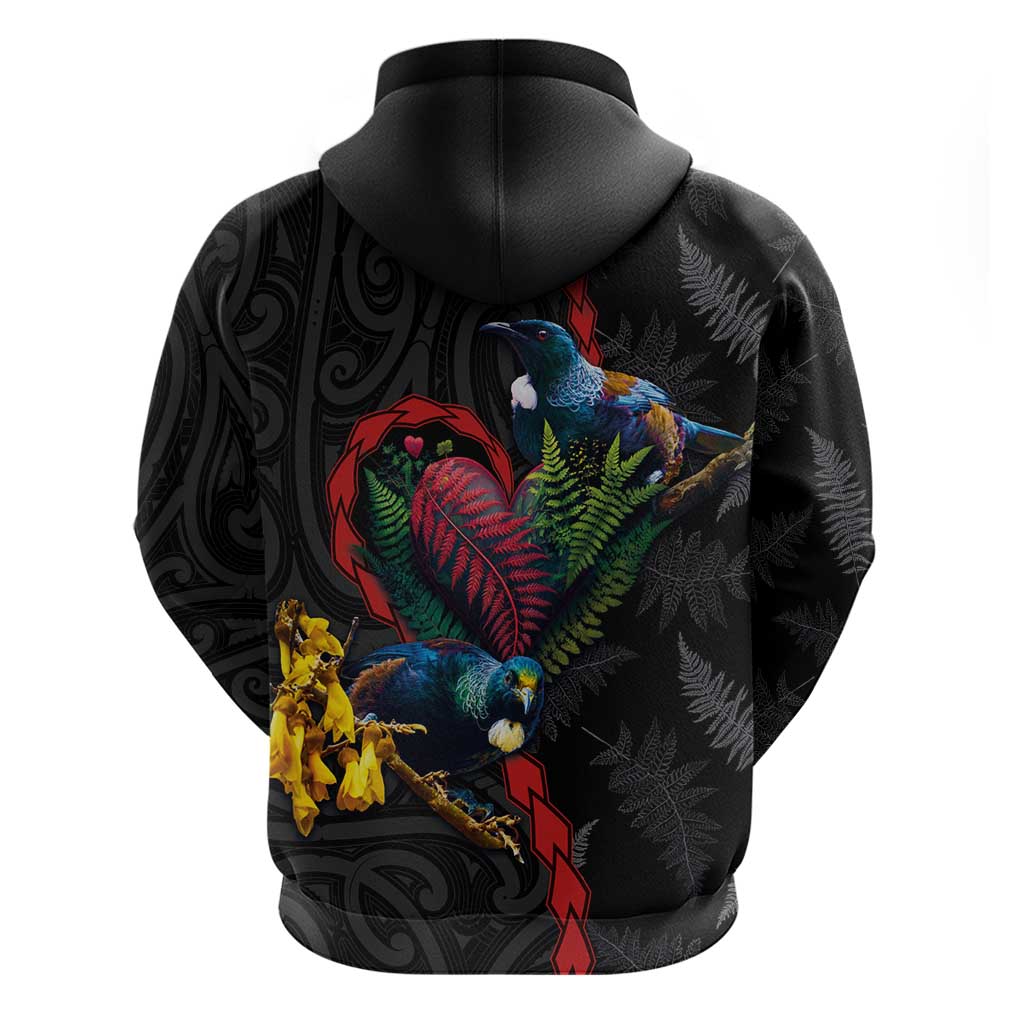 New Zealand Tui Birds Love Couple Zip Hoodie The Heart of Silver Fern Leaves and Maori Tattoo Pattern