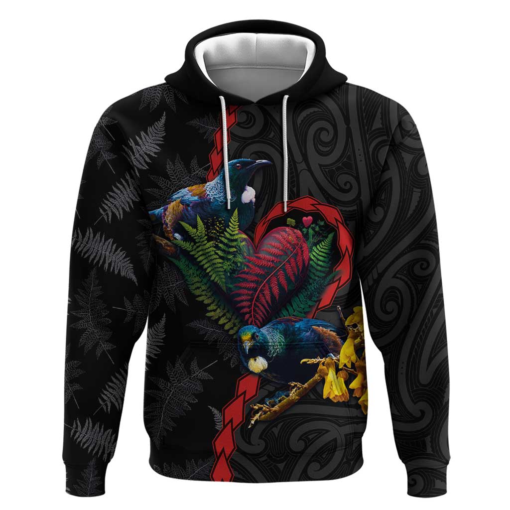 New Zealand Tui Birds Love Couple Zip Hoodie The Heart of Silver Fern Leaves and Maori Tattoo Pattern