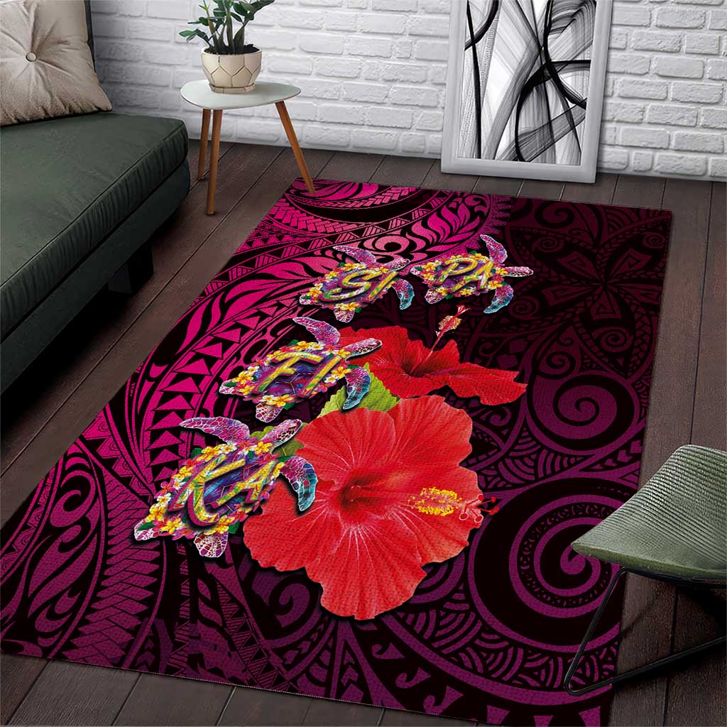 Pasifika Festival Area Rug Plumeria Turtles with Hibiscus - Polynesian Art Tattoo Pink Color