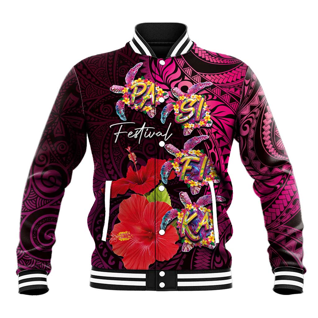 Pasifika Festival Baseball Jacket Plumeria Turtles with Hibiscus - Polynesian Art Tattoo Pink Color