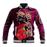 Pasifika Festival Baseball Jacket Plumeria Turtles with Hibiscus - Polynesian Art Tattoo Pink Color LT03 Unisex Pink - Polynesian Pride