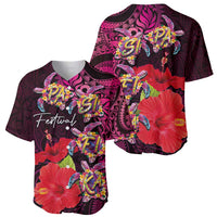 Pasifika Festival Baseball Jersey Plumeria Turtles with Hibiscus - Polynesian Art Tattoo Pink Color LT03 - Polynesian Pride