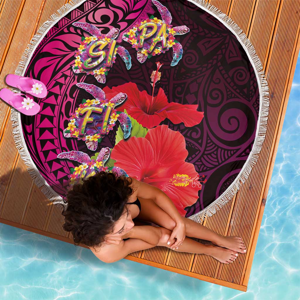 Pasifika Festival Beach Blanket Plumeria Turtles with Hibiscus - Polynesian Art Tattoo Pink Color
