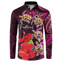 Pasifika Festival Button Sweatshirt Plumeria Turtles with Hibiscus - Polynesian Art Tattoo Pink Color LT03 Pink - Polynesian Pride