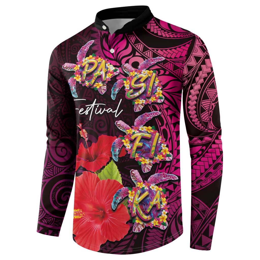 Pasifika Festival Button Sweatshirt Plumeria Turtles with Hibiscus - Polynesian Art Tattoo Pink Color LT03 - Polynesian Pride