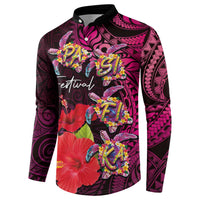 Pasifika Festival Button Sweatshirt Plumeria Turtles with Hibiscus - Polynesian Art Tattoo Pink Color LT03 - Polynesian Pride