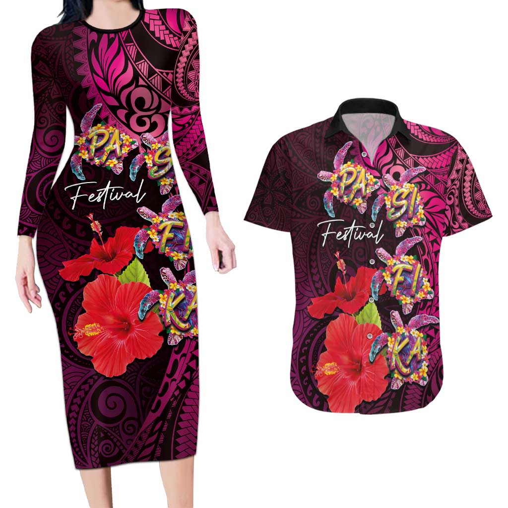 Pasifika Festival Couples Matching Long Sleeve Bodycon Dress and Hawaiian Shirt Plumeria Turtles with Hibiscus - Polynesian Art Tattoo Pink Color LT03 Pink - Polynesian Pride
