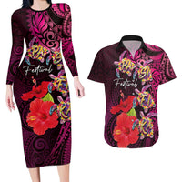 Pasifika Festival Couples Matching Long Sleeve Bodycon Dress and Hawaiian Shirt Plumeria Turtles with Hibiscus - Polynesian Art Tattoo Pink Color LT03 Pink - Polynesian Pride