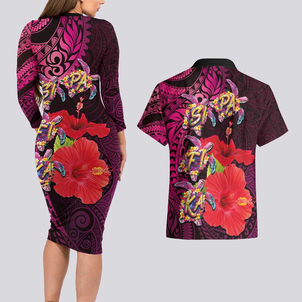 Pasifika Festival Couples Matching Long Sleeve Bodycon Dress and Hawaiian Shirt Plumeria Turtles with Hibiscus - Polynesian Art Tattoo Pink Color LT03 - Polynesian Pride
