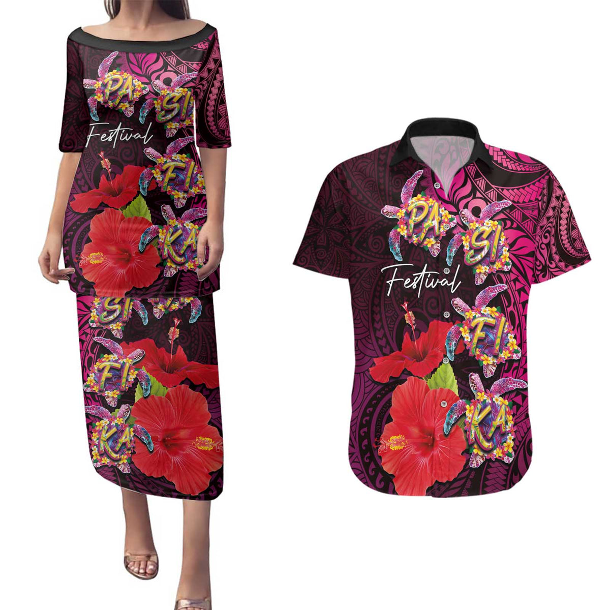 Pasifika Festival Couples Matching Puletasi and Hawaiian Shirt Plumeria Turtles with Hibiscus - Polynesian Art Tattoo Pink Color