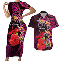 Pasifika Festival Couples Matching Short Sleeve Bodycon Dress and Hawaiian Shirt Plumeria Turtles with Hibiscus - Polynesian Art Tattoo Pink Color