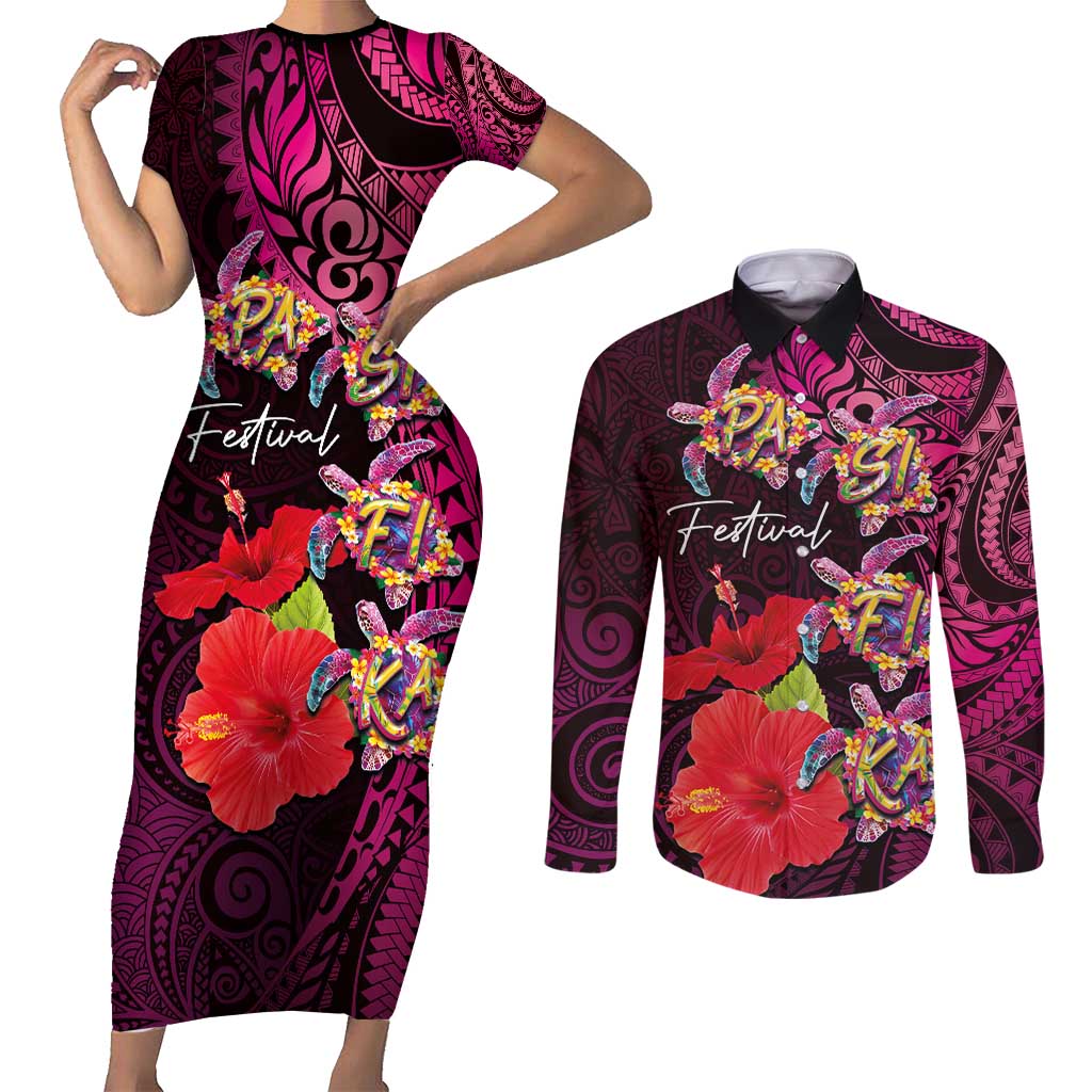 Pasifika Festival Couples Matching Short Sleeve Bodycon Dress and Long Sleeve Button Shirt Plumeria Turtles with Hibiscus - Polynesian Art Tattoo Pink Color