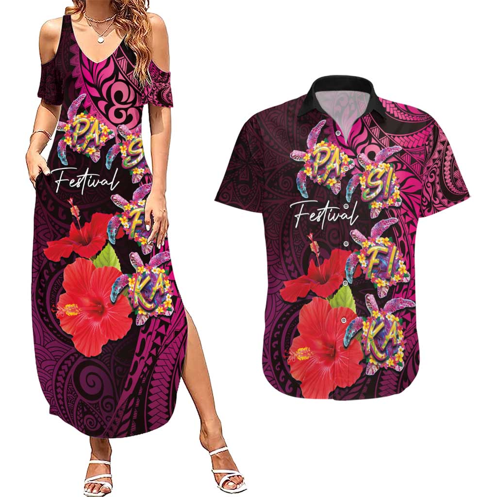 Pasifika Festival Couples Matching Summer Maxi Dress and Hawaiian Shirt Plumeria Turtles with Hibiscus - Polynesian Art Tattoo Pink Color
