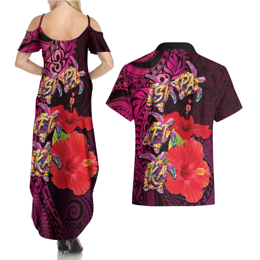 Pasifika Festival Couples Matching Summer Maxi Dress and Hawaiian Shirt Plumeria Turtles with Hibiscus - Polynesian Art Tattoo Pink Color