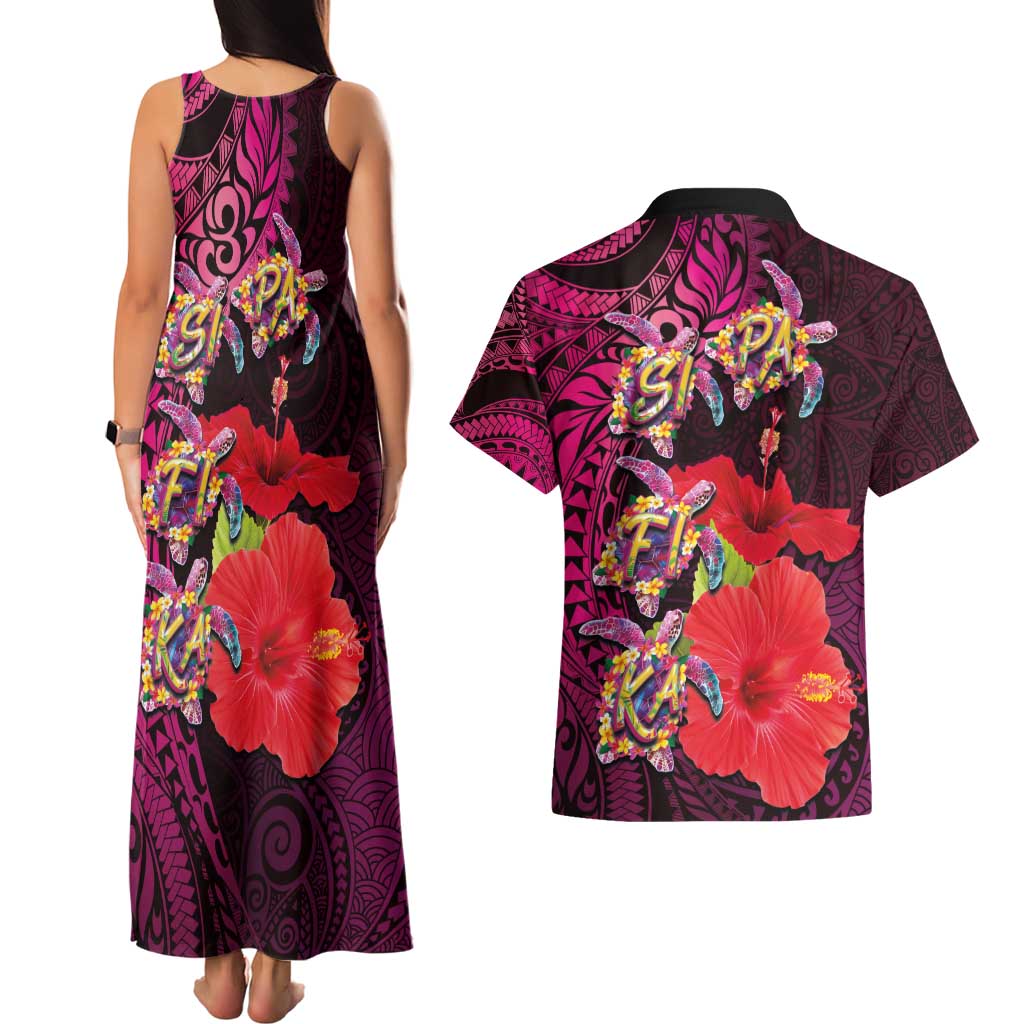 Pasifika Festival Couples Matching Tank Maxi Dress and Hawaiian Shirt Plumeria Turtles with Hibiscus - Polynesian Art Tattoo Pink Color