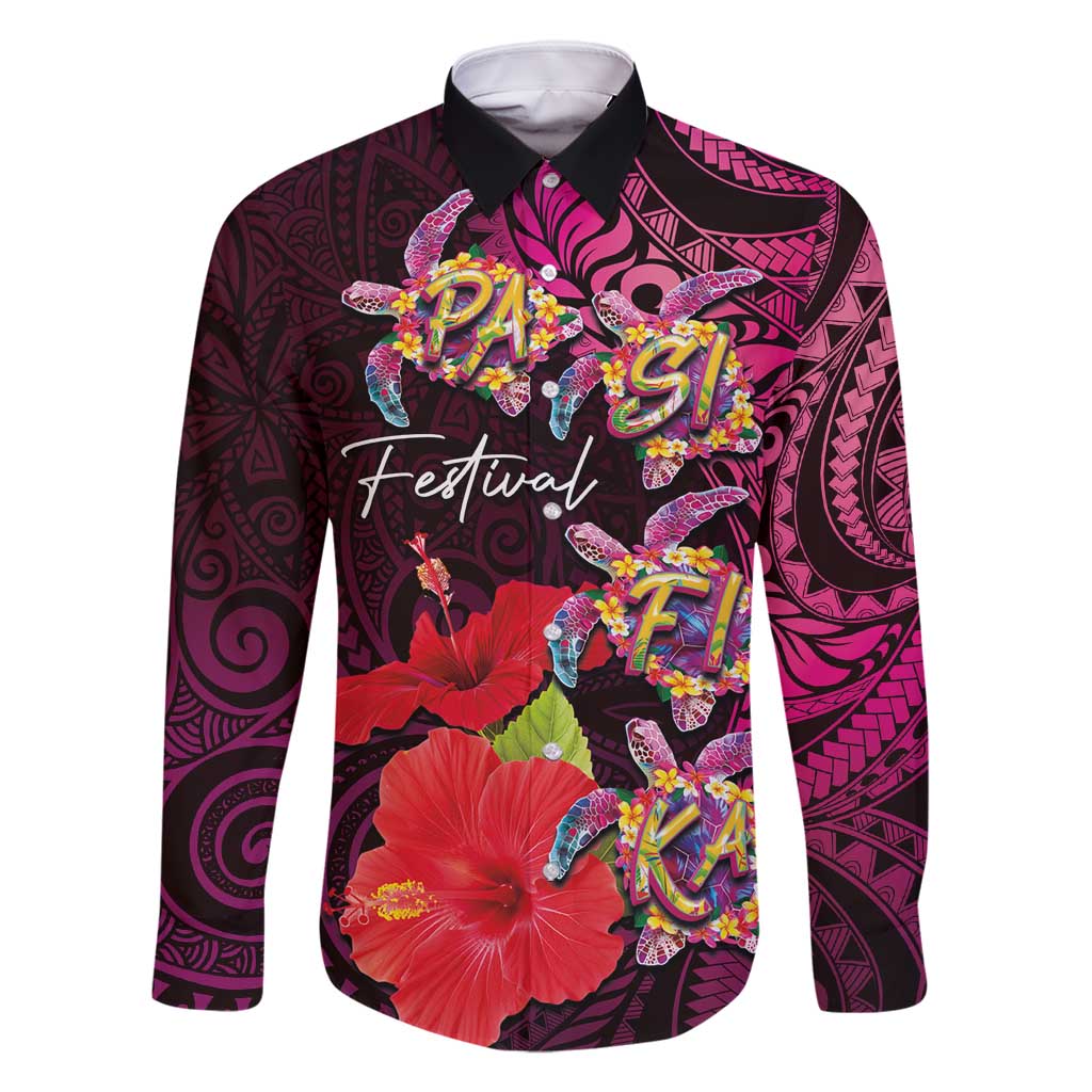 Pasifika Festival Family Matching Long Sleeve Bodycon Dress and Hawaiian Shirt Plumeria Turtles with Hibiscus - Polynesian Art Tattoo Pink Color LT03 Dad's Shirt - Long Sleeve Pink - Polynesian Pride