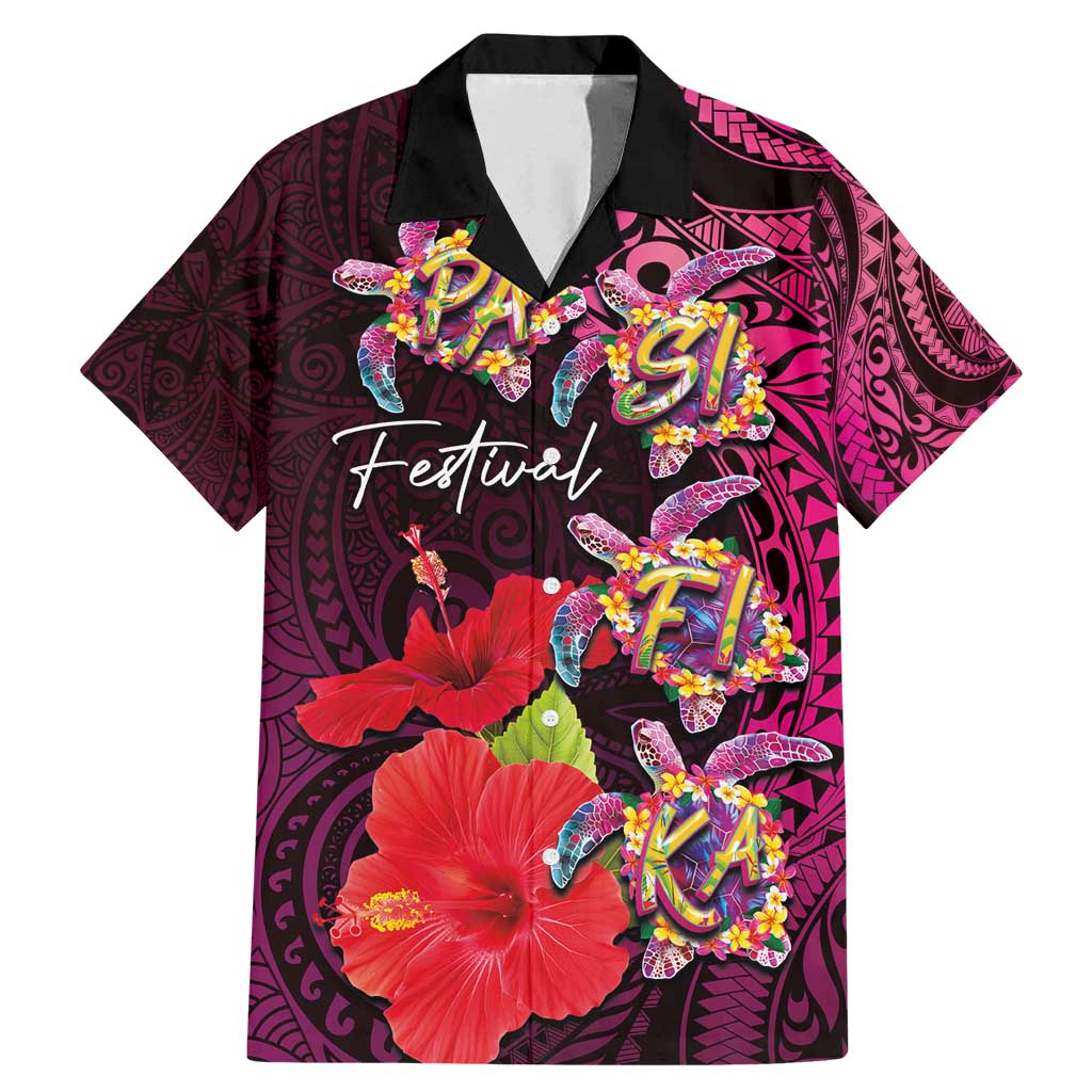 Pasifika Festival Family Matching Mermaid Dress and Hawaiian Shirt Plumeria Turtles with Hibiscus - Polynesian Art Tattoo Pink Color LT03 Dad's Shirt - Short Sleeve Pink - Polynesian Pride