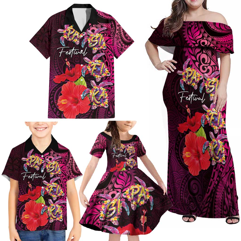 Pasifika Festival Family Matching Off Shoulder Maxi Dress and Hawaiian Shirt Plumeria Turtles with Hibiscus - Polynesian Art Tattoo Pink Color LT03 - Polynesian Pride
