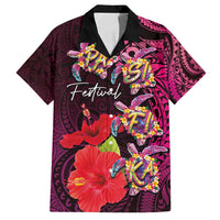 Pasifika Festival Family Matching Off Shoulder Maxi Dress and Hawaiian Shirt Plumeria Turtles with Hibiscus - Polynesian Art Tattoo Pink Color LT03 Dad's Shirt - Short Sleeve Pink - Polynesian Pride