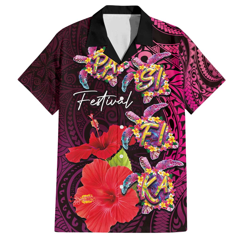 Pasifika Festival Family Matching Off Shoulder Short Dress and Hawaiian Shirt Plumeria Turtles with Hibiscus - Polynesian Art Tattoo Pink Color LT03 Dad's Shirt - Short Sleeve Pink - Polynesian Pride