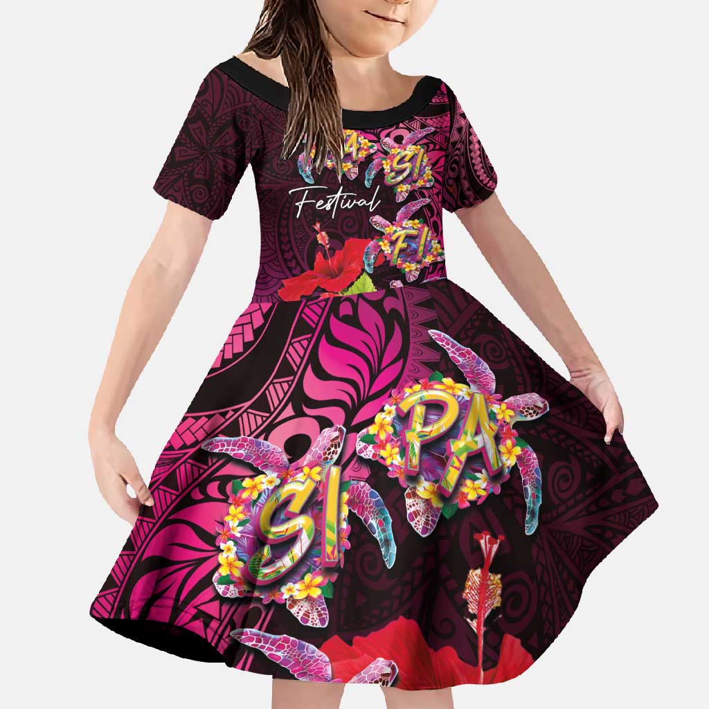 Pasifika Festival Family Matching Short Sleeve Bodycon Dress and Hawaiian Shirt Plumeria Turtles with Hibiscus - Polynesian Art Tattoo Pink Color LT03 Daughter's Dress Pink - Polynesian Pride