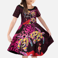 Pasifika Festival Family Matching Short Sleeve Bodycon Dress and Hawaiian Shirt Plumeria Turtles with Hibiscus - Polynesian Art Tattoo Pink Color LT03 Daughter's Dress Pink - Polynesian Pride