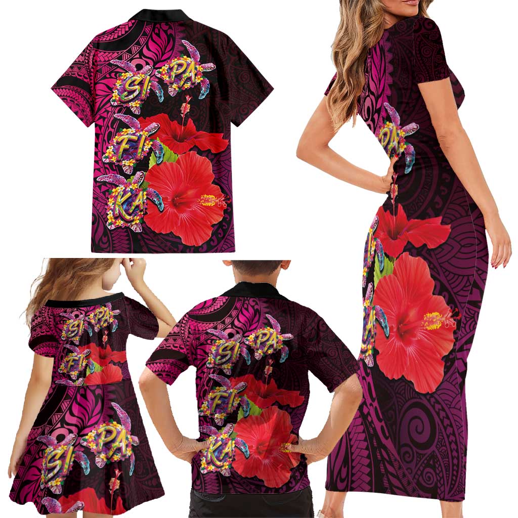 Pasifika Festival Family Matching Short Sleeve Bodycon Dress and Hawaiian Shirt Plumeria Turtles with Hibiscus - Polynesian Art Tattoo Pink Color LT03 - Polynesian Pride