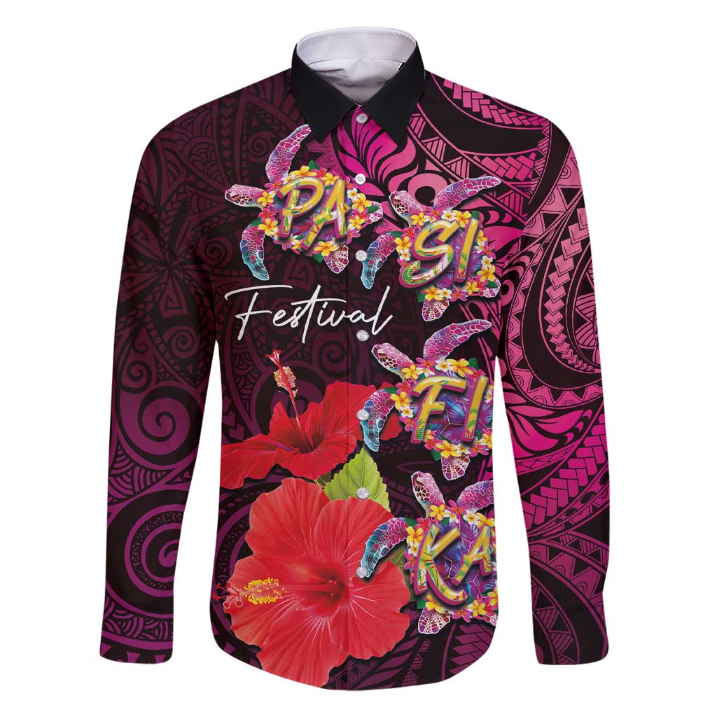 Pasifika Festival Family Matching Short Sleeve Bodycon Dress and Hawaiian Shirt Plumeria Turtles with Hibiscus - Polynesian Art Tattoo Pink Color LT03 Dad's Shirt - Long Sleeve Pink - Polynesian Pride