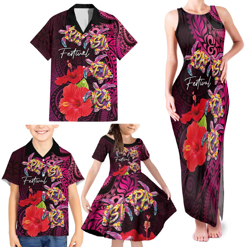 Pasifika Festival Family Matching Tank Maxi Dress and Hawaiian Shirt Plumeria Turtles with Hibiscus - Polynesian Art Tattoo Pink Color LT03 - Polynesian Pride