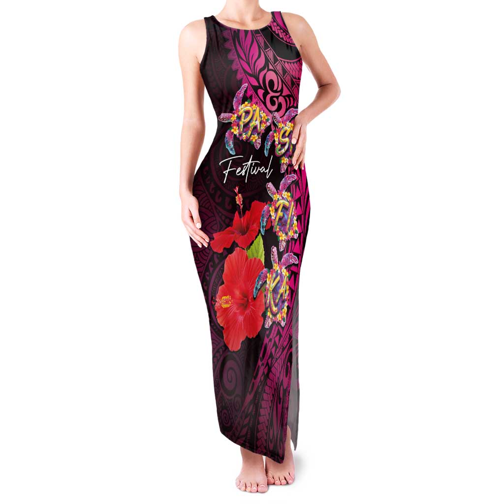 Pasifika Festival Family Matching Tank Maxi Dress and Hawaiian Shirt Plumeria Turtles with Hibiscus - Polynesian Art Tattoo Pink Color LT03 Mom's Dress Pink - Polynesian Pride