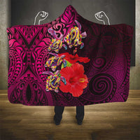 Pasifika Festival Hooded Blanket Plumeria Turtles with Hibiscus - Polynesian Art Tattoo Pink Color