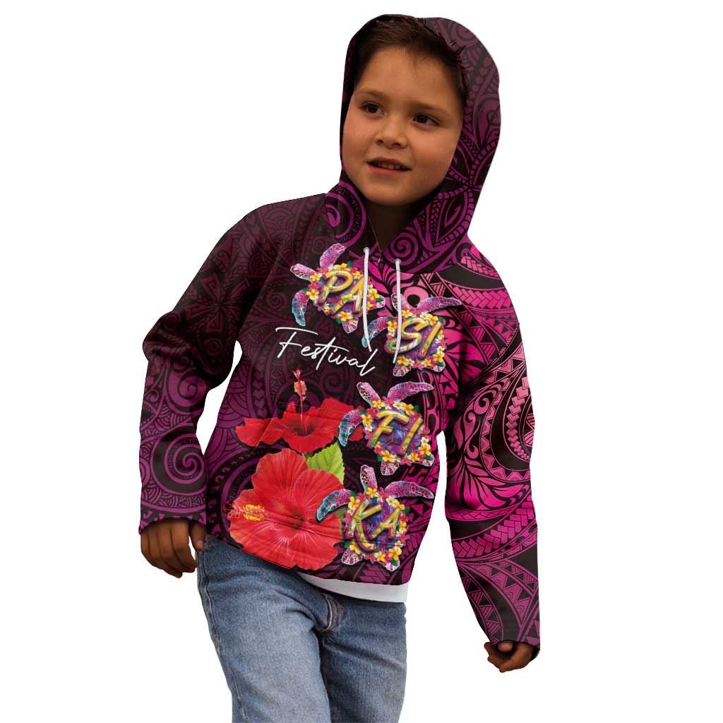 Pasifika Festival Kid Hoodie Plumeria Turtles with Hibiscus - Polynesian Art Tattoo Pink Color