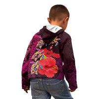 Pasifika Festival Kid Hoodie Plumeria Turtles with Hibiscus - Polynesian Art Tattoo Pink Color